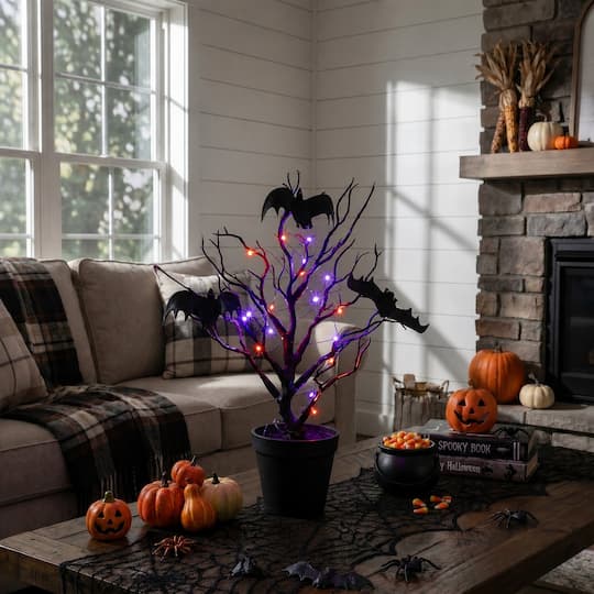 16" Pre-Lit Artificial Halloween Black Spooky Twig Tree with Bats and 20 Orange & Purple LED Lights